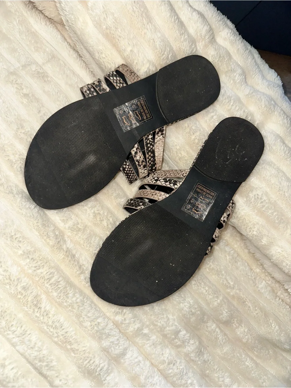 Qupid Snake Print Slide Sandals in Black and Cream